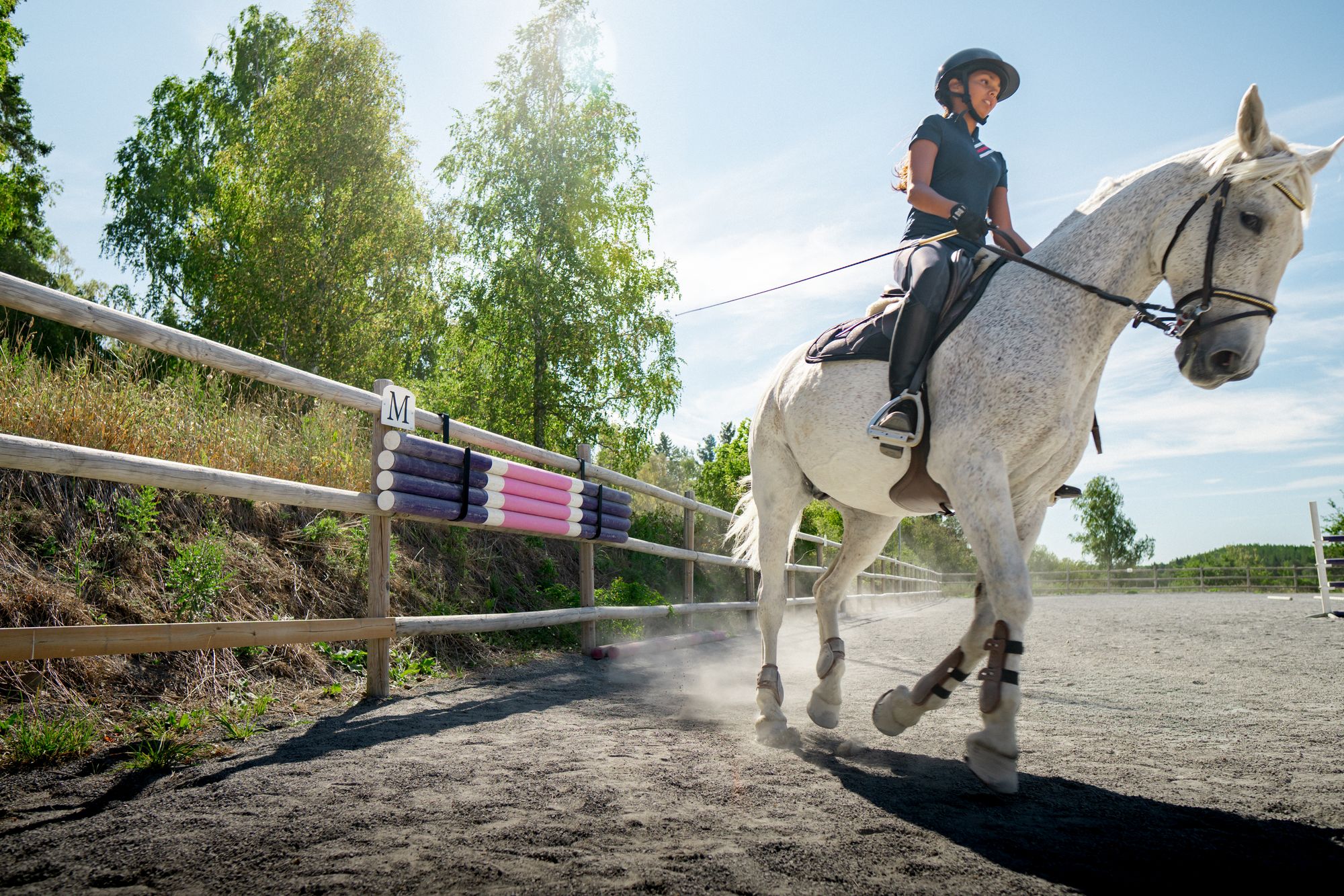 Ryttare till häst på ridbanan, bommarna hänger på staketet bakom